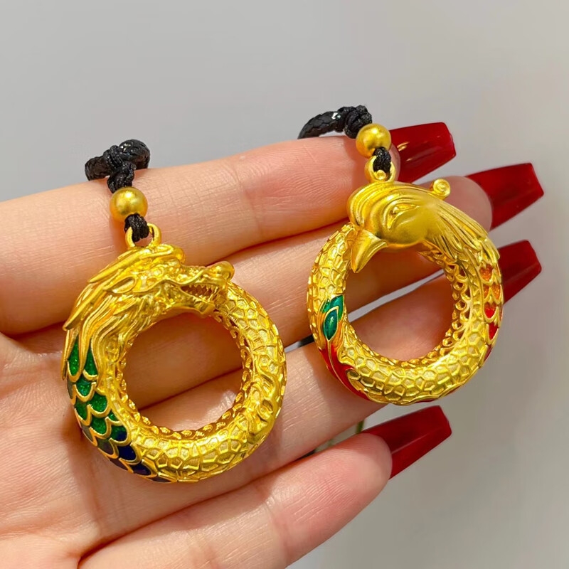 古法金平安扣情侣款一对龙凤吊坠黄金挂绳项链男士999足金坠子女 古法黄金龙吊坠约24克